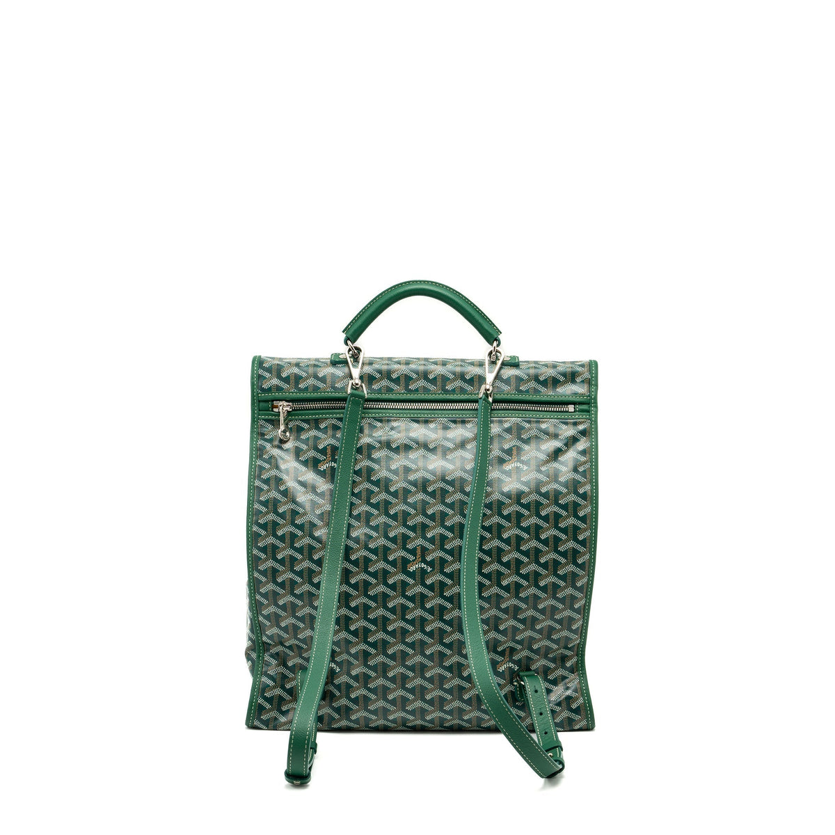 Goyard Saint Léger Backpack – Green Canvas with Bulldog Print, Silver Hardware