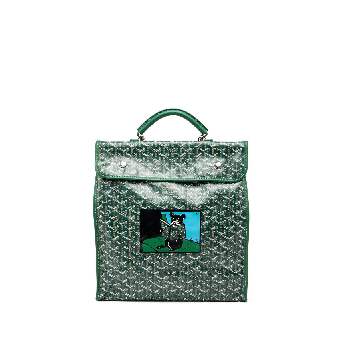 Goyard Saint Léger Backpack – Green Canvas with Bulldog Print, Silver Hardware